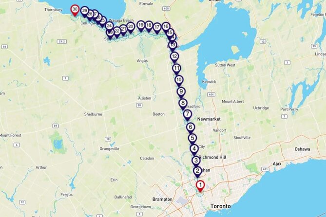Smartphone Audio Driving Tour between Collingwood and Toronto - Barrie adds a city break, a park, and a storm story